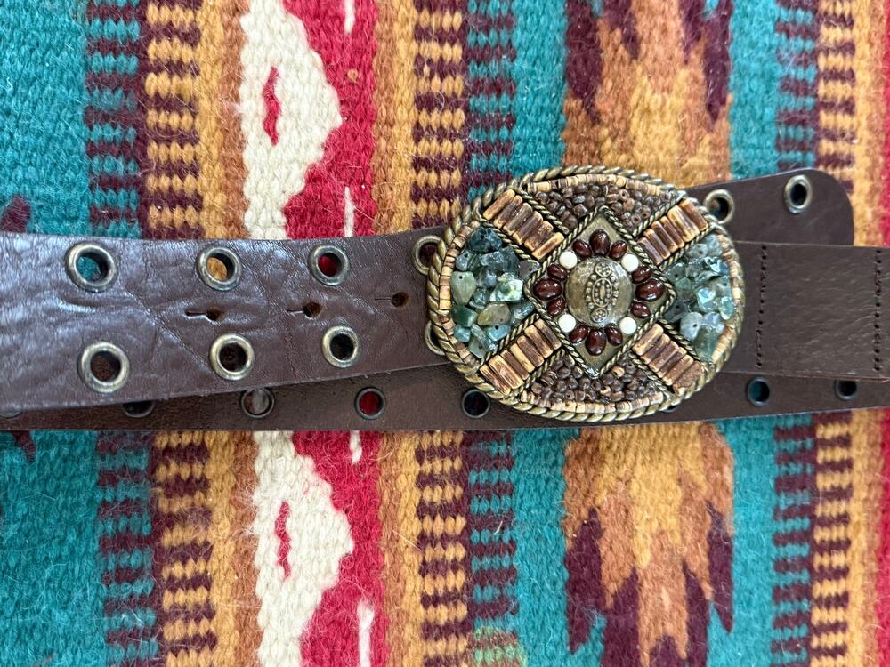 Cabi Genuine Leather Brown Wide Belt Beaded Mosaic Statement Buckle